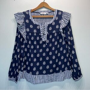 VINEYARD VINES Palm Ruffle Shoulder Long Sleeve Top Small Blue White Cotton